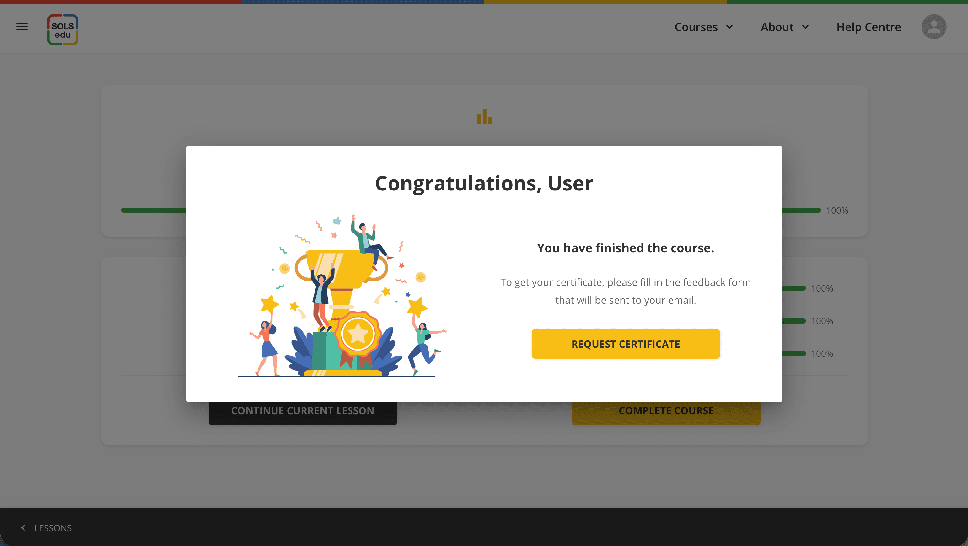The end of a SOLS edu course, with the button to request a certificate
