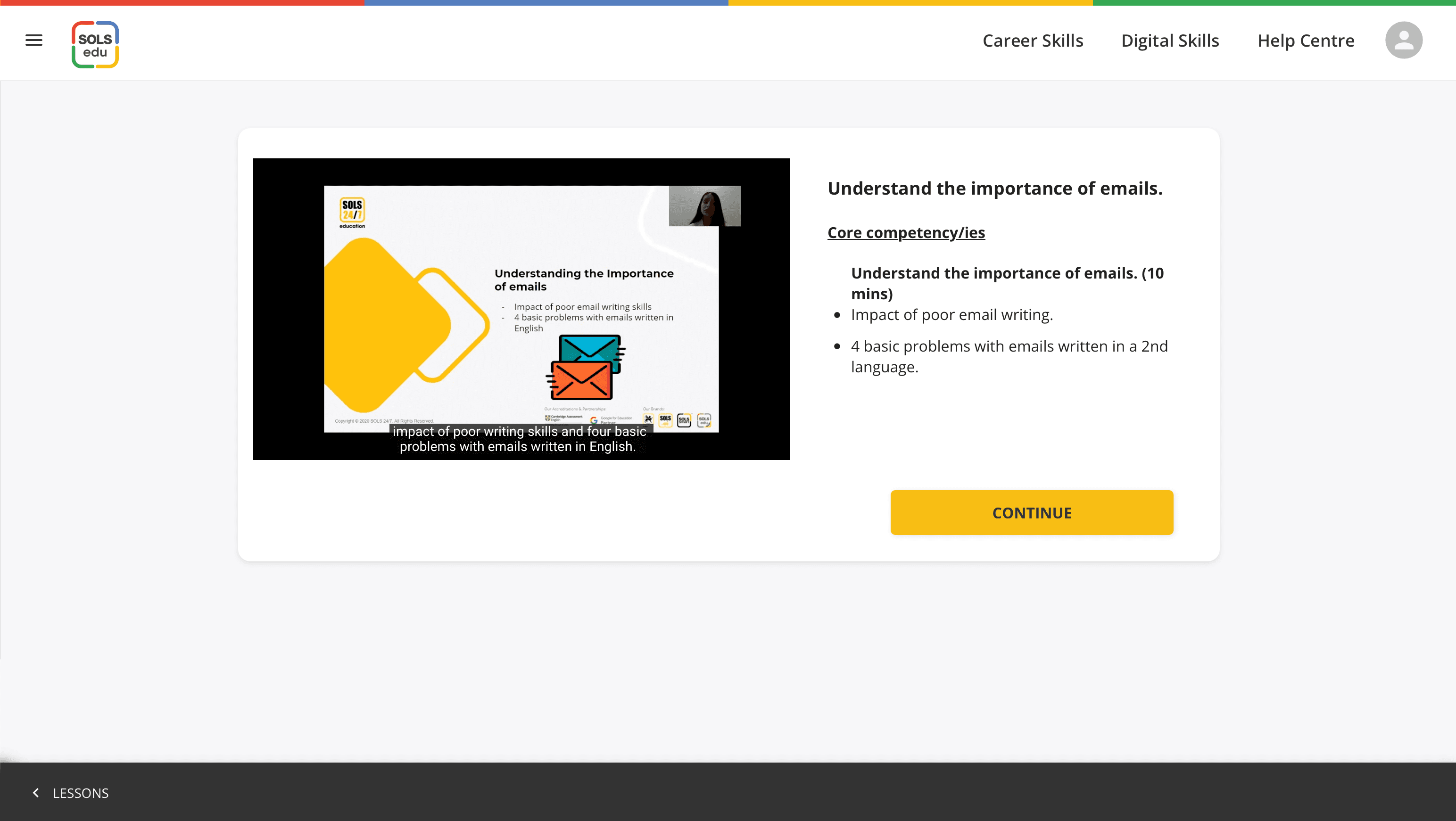 A SOLS edu lesson playing, with the lesson list beside it