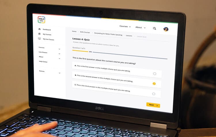 A laptop showing a lesson quiz in SOLS edu Career Courses